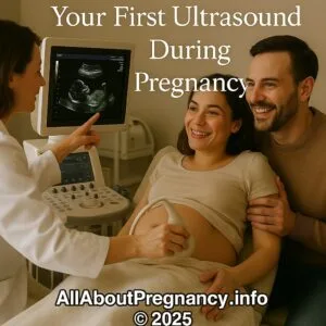 Pregnant couple viewing their first ultrasound with technician - pregnancy milestone guide