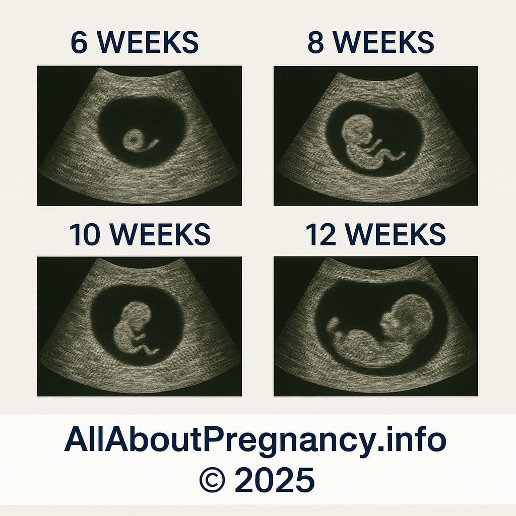 Ultrasound image progression showing fetal development from 6 to 12 weeks of pregnancy