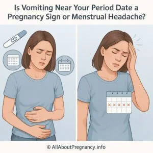 Comparison image showing woman experiencing pregnancy-related nausea versus menstrual headache symptoms, illustrating the difference between pregnancy signs and period-related vomiting